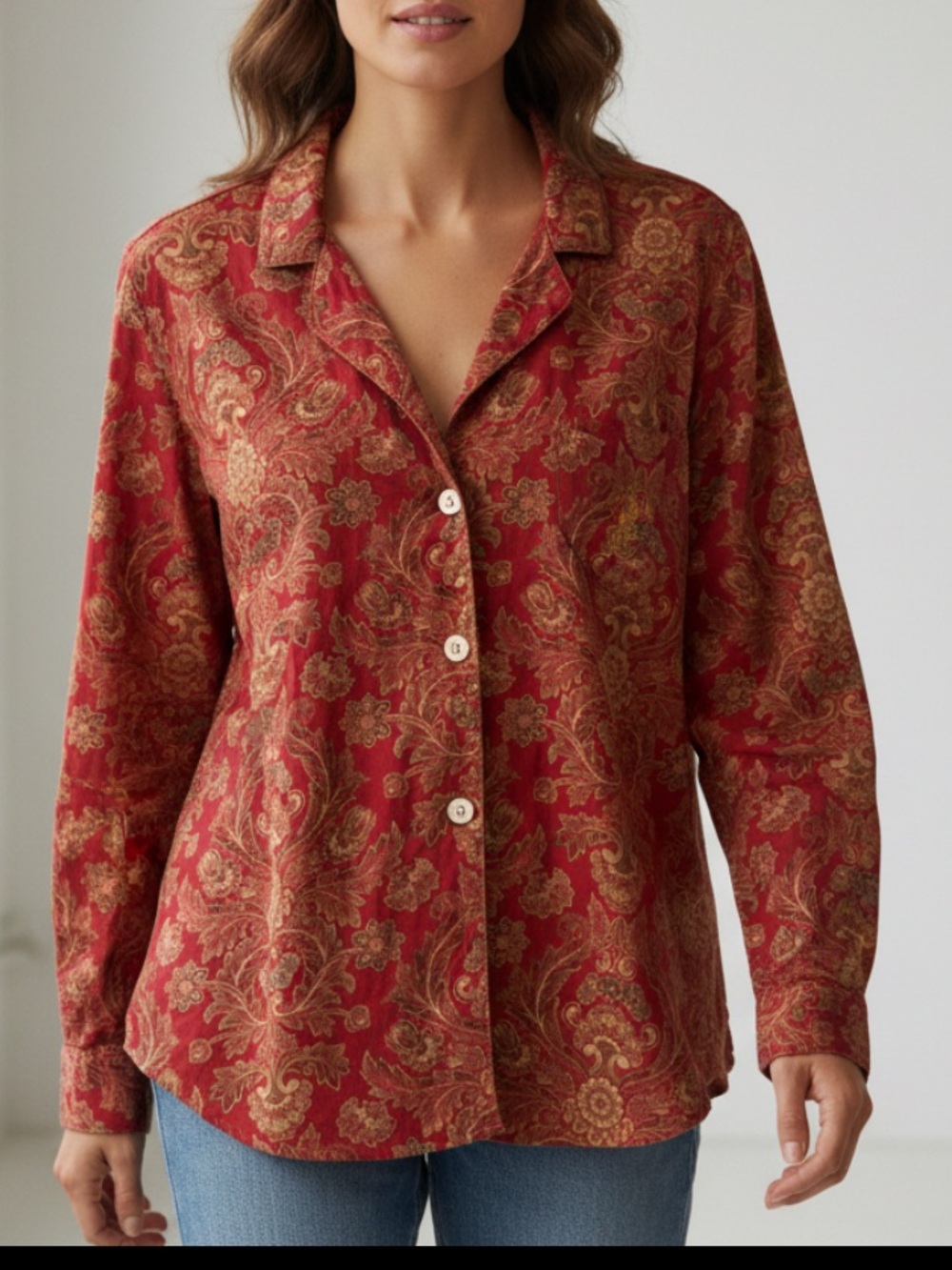 Classic Lauren Ralph Lauren Red Paisley Button-Up Sleep Shirt Monogram